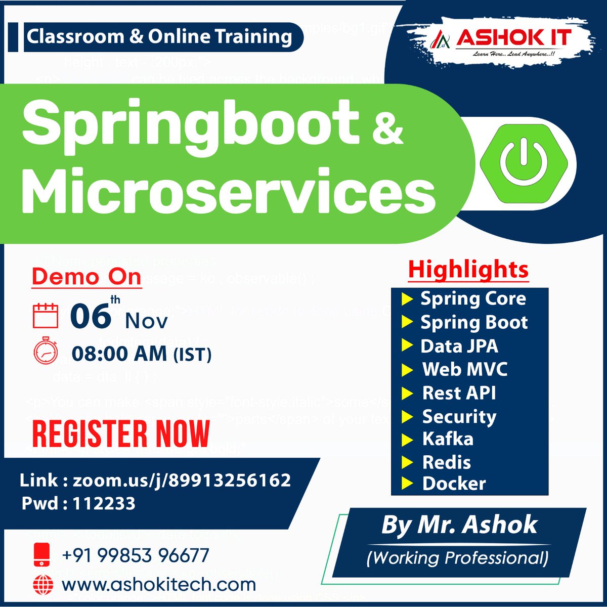 ashokitschool's tweet image. 📷 Spring Boot & Microservices 📷
📷 Enroll Now : bit.ly/3MjdW6B
📷 Free Demo On 06th-Nov @ 08:00 AM IST
📷 Follow Our Whatsapp Channel : bit.ly/4565QED
📷 Visit : ashokitech.com
CALL NOW: +919985396677
#SpringBootcourse #SpringBootMicroservices