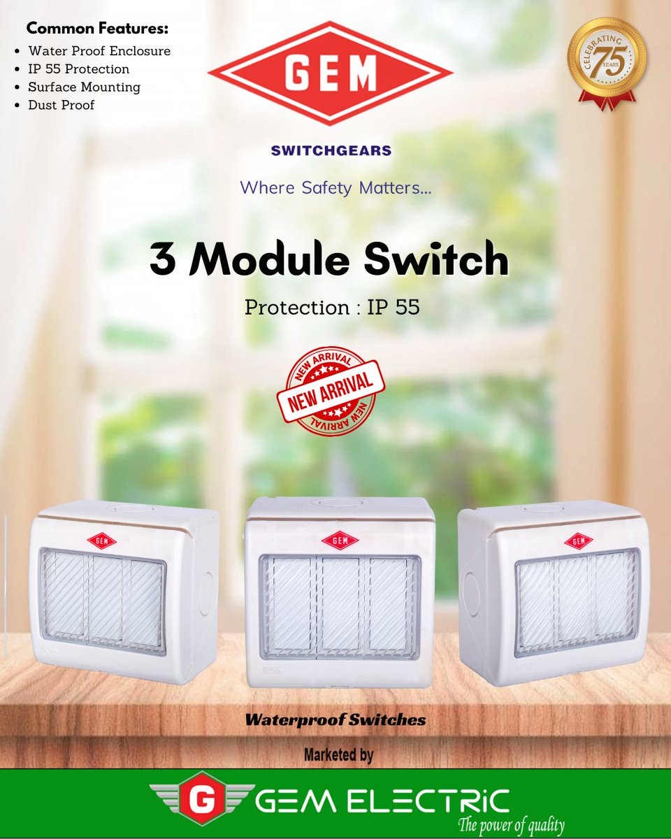gem_electrical's tweet photo. 3 Module Switch
#3moduleswitch #moduleswitch #waterproof #waterproofswitches #switches #commonfeatures #IP55 #protection #surfacemounting #dustproof #switchgears #wheresafetymatters #thepowerofquality #manufacturers #gemelectric #marketedby #gemmanufacturers #75years #celebrating https://t.co/SogtdbPrcv