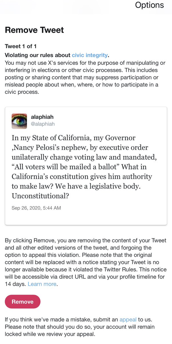 alaphiah's tweet image. I have been appealing TwitterX’s FBI BLOCK on this account since September 2020 showing evidence my post was factual. I have cancelled my appeal because TwitterX stopped my access to the appeal process. This is the only reason TwitterX has allowed me to access this account.