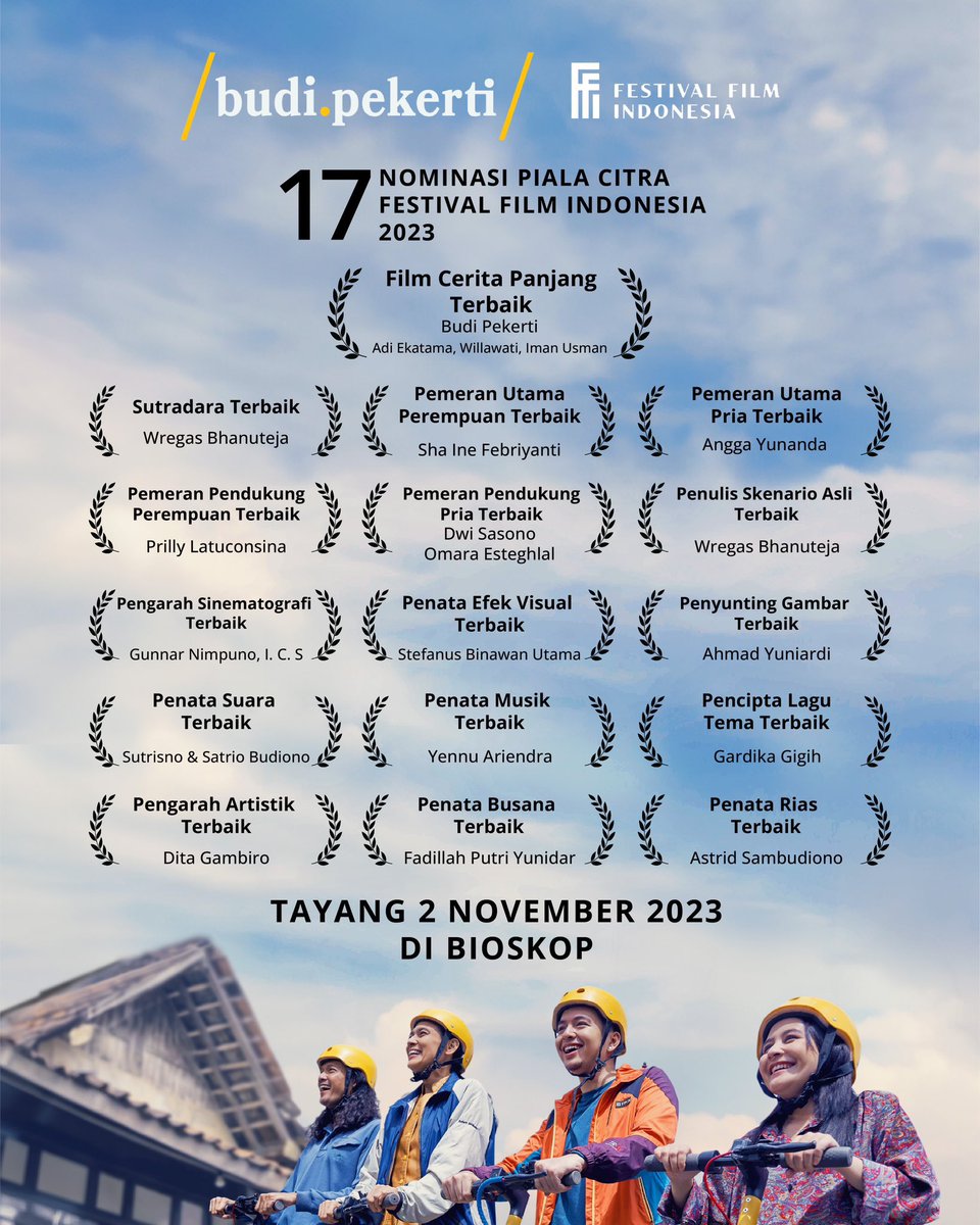 Berasa screening film festival sebelum malam puncak FFI. Yang jelas, harus segera ketemu mereka di bioskop sebelum turun layar. Rasakan kenikmatan menonton film Indonesia berkualitas.
@budipekertifilm <a href="/Wregas/">Wregas Bhanuteja</a> <a href="/Angga_Yunandaaa/">Angga Aldi Yunanda</a> <a href="/prillyyla/">Prilly Latuconsina</a> <a href="/sasonodwi/">Dwi Sasono</a> <a href="/kaningapictures/">Kaninga Pictures</a> <a href="/rekatastudio/">Rekata Studio</a>