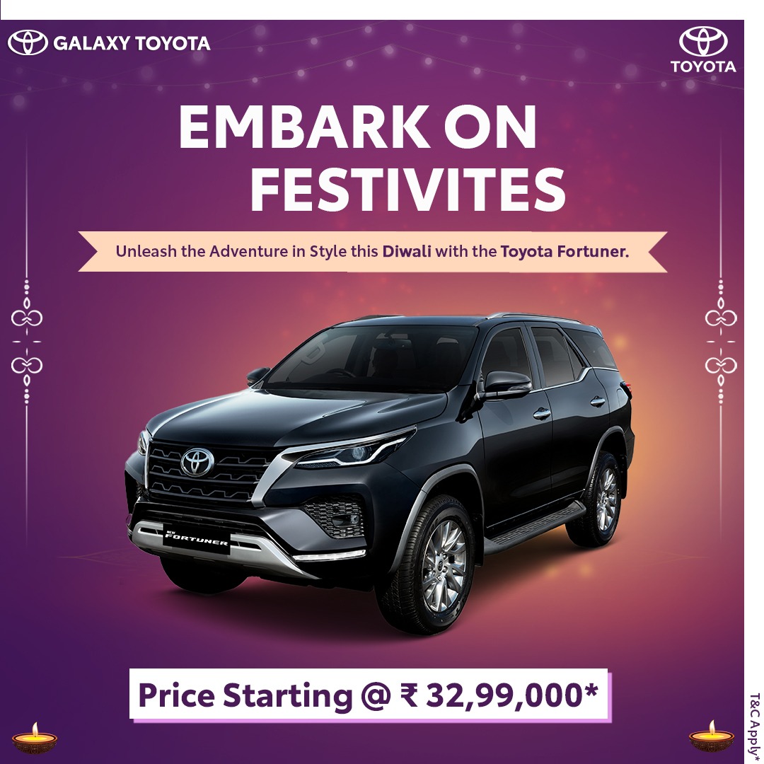 Embrace the festivities with a Toyota Fortuner, starting at just 32,99,000* at Galaxy Toyota! 🚗🌟 

🚗Book a test drive: bit.ly/Book-Toyota-Ca…

#FestiveOffers #ToyotaFortuner #GalaxyToyota #DiwaliCarOffers #GalaxyToyotaDiwali #FestiveDeals #DiwaliSpecials 🎉🔑😊