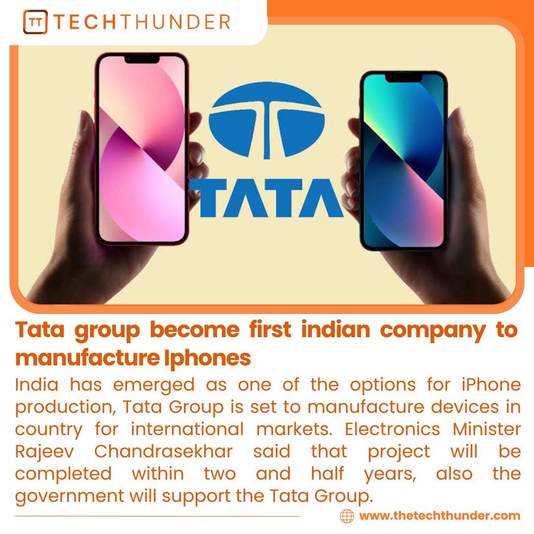 thetechthunders's tweet photo. Tata Group Become first Indian company to manufacture iphones

https://t.co/H5OWfUVDUn

#thetechthunder #iphones #apple #tata #tatagroup #phones #trending #developer #entrepreneur #pageforyou #typescript #datascience #tech #software #automation #analytics #technology #memes https://t.co/s3Ma77XO6T