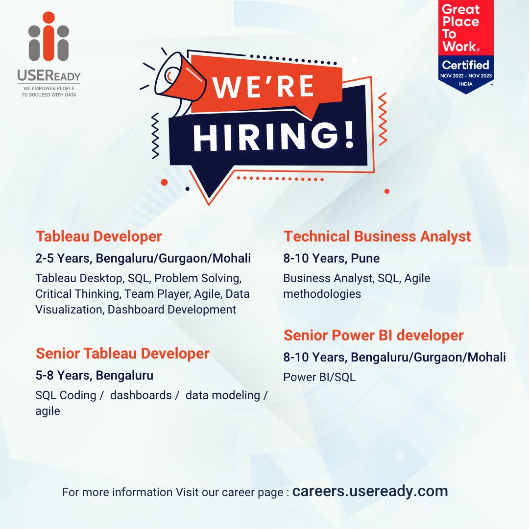 Join our team and unleash your potential in the world of data analytics and technology.

Visit the career page to submit your application - hubs.ly/Q027NqGp0

#USEReadyHiring #TableauDesktop #SQL #ProblemSolving #bengalurujobs #gurugramjobs #mohalijobs