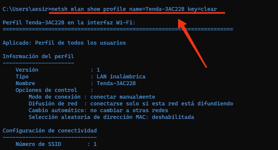 dev_aether's tweet image. Next, run &apos;netsh wlan show profile name=&quot;Tenda-3AC228&quot; key=clear&apos;.  There it is! The security key revealed. 🌐🔍 #TechHacks #WiFIPasswords