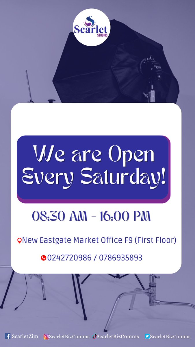 ScarletBizComms's tweet photo. We are Open For All Your Studio Photoshoots And Weekend Events!! Visit Us At New Eastgate Market Office F9 (First Floor) Or Call Us On 0242720986 / 0786935893 For Booking #scarletshots #professionalphotography #weekend #studioshoot📷 #eventsmanagement https://t.co/hwBVriUHSt