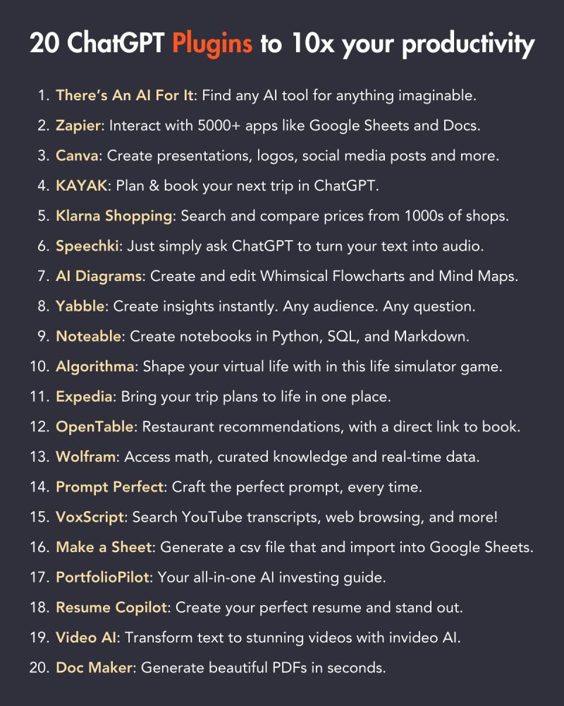 aitechtrend's tweet photo. Most people are STUCK in beginner mode. Here are 20 ChatGPT Plugins to 10x your productivity in minutes: --- 

#ai #chatgpt https://t.co/dNhIdp6eHX