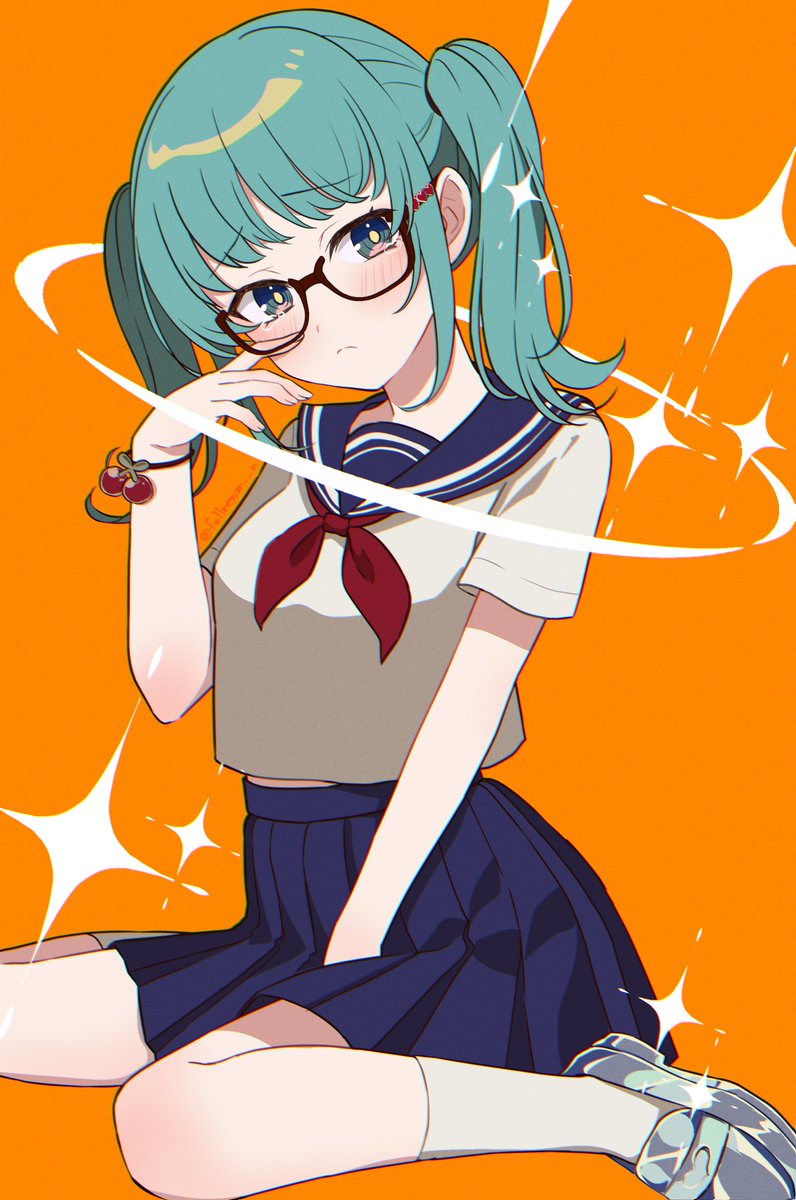 hatsune miku 1girl solo glasses twintails skirt orange background school uniform  illustration images