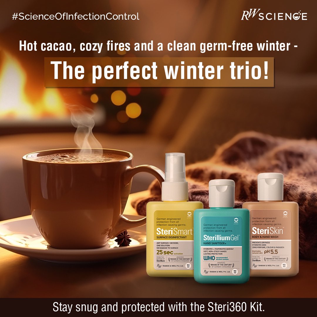 As Winter Nears, cold and flu season is upon us, and it's time to gear up with the Steri 360 Kit.

SteriSkin for Hand-washing
Sterillium Gel for Hand Disinfection 
SteriSmart Surface Disinfectant

#WinterReady #Steri360Kit #HotCacao #GermFreeWinter #StaySnug