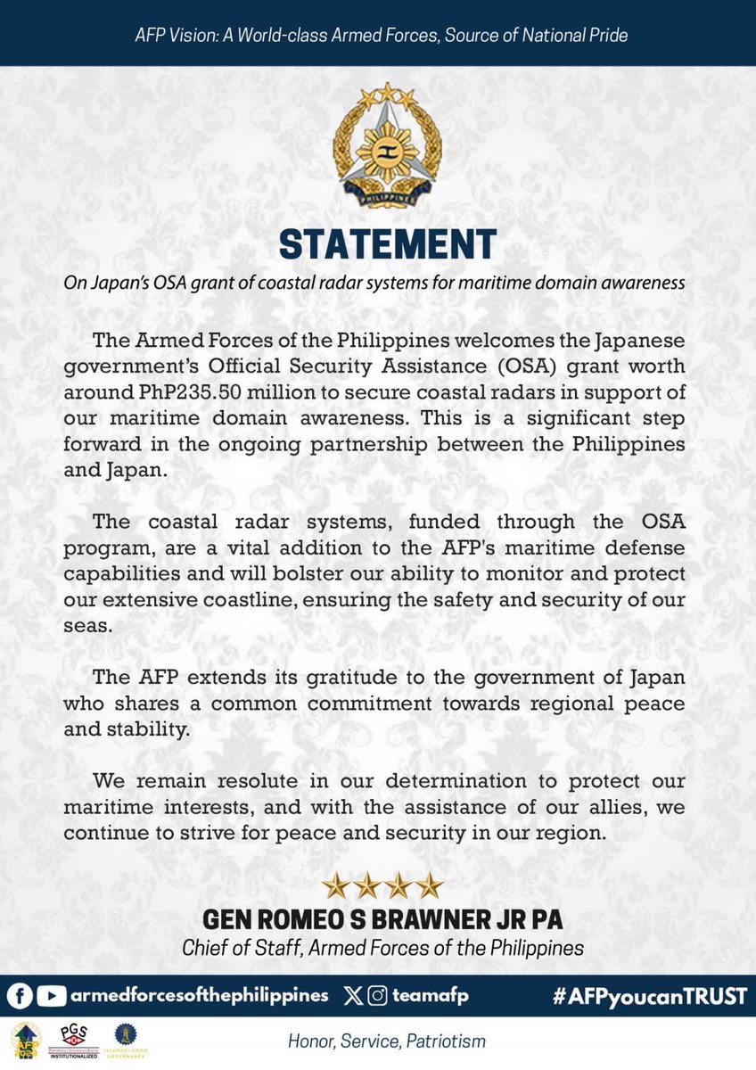 READ:

AFP Statement on Japan’s Official Security Assistance (OSA) grant of coastal radar systems for maritime domain awareness

#AFPyoucanTRUST