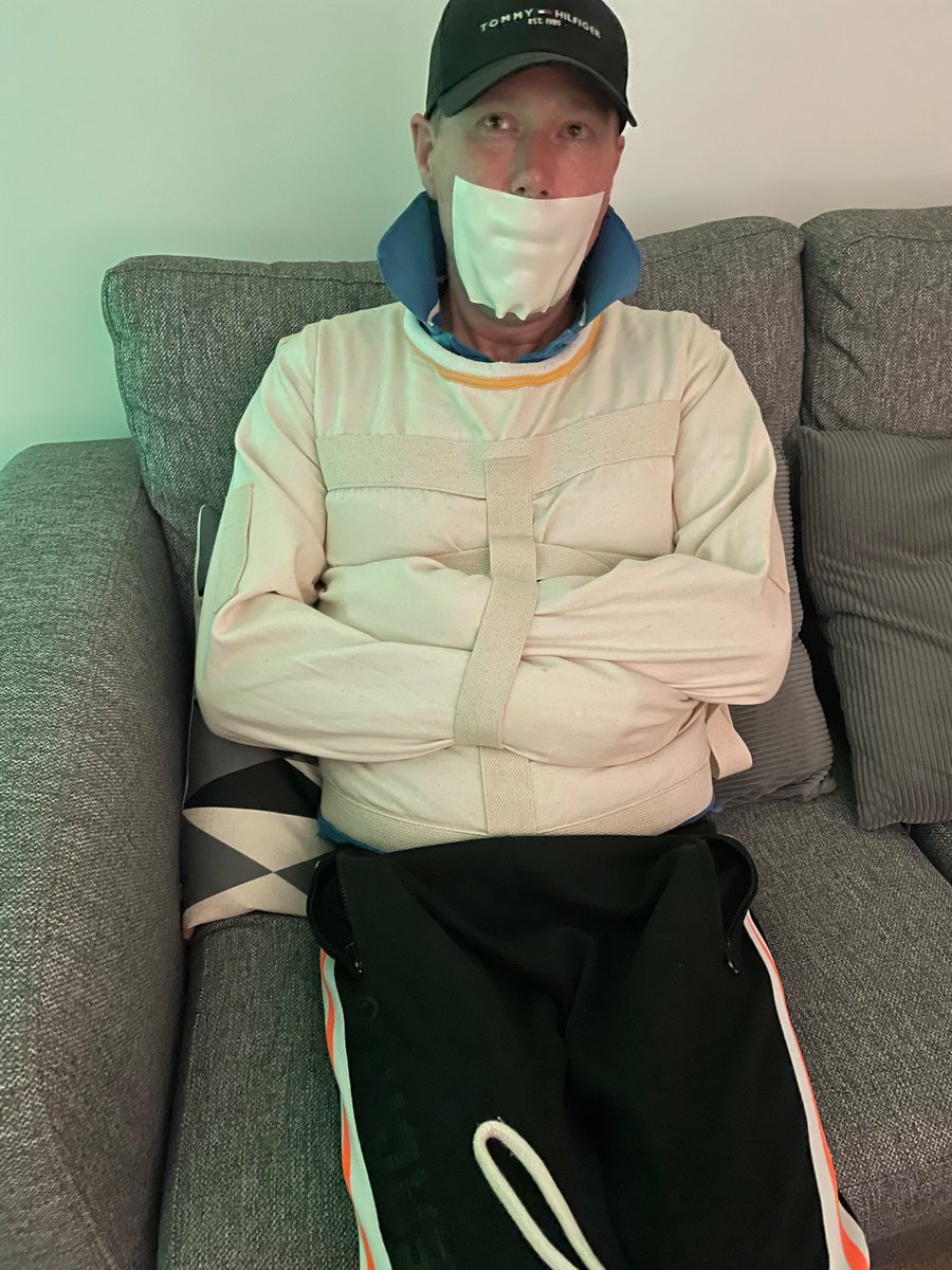 Few hours sleep, gag removed and given some water and now a fresh ball in his mouth and another strip of tape gorilla glued to his face, second half of his 24 hours underway :-)