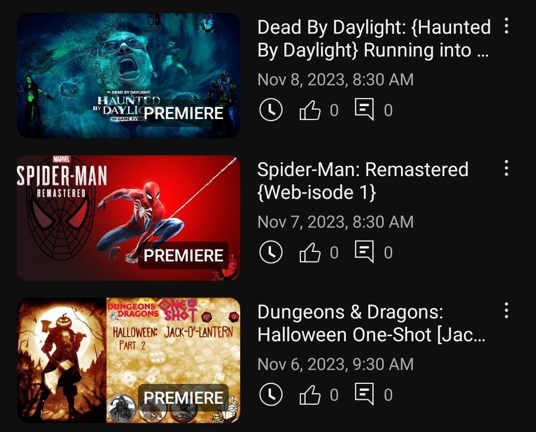 zmanstardust's tweet photo. That time again,  #YouTubePremiere time. Schedule of Videos are as follows pictured. 
#DungeonsAndDragons Monday PST
#SpiderMan Tuesday PST
#DeadByDaylight Wednesday PST 
Come Watch Them Like A #Livestream 
#twitchaffiliate #youtubegaming #roll20 #Dice #HauntedByDaylight 
Link⤵️ https://t.co/BuM60Zbx2b