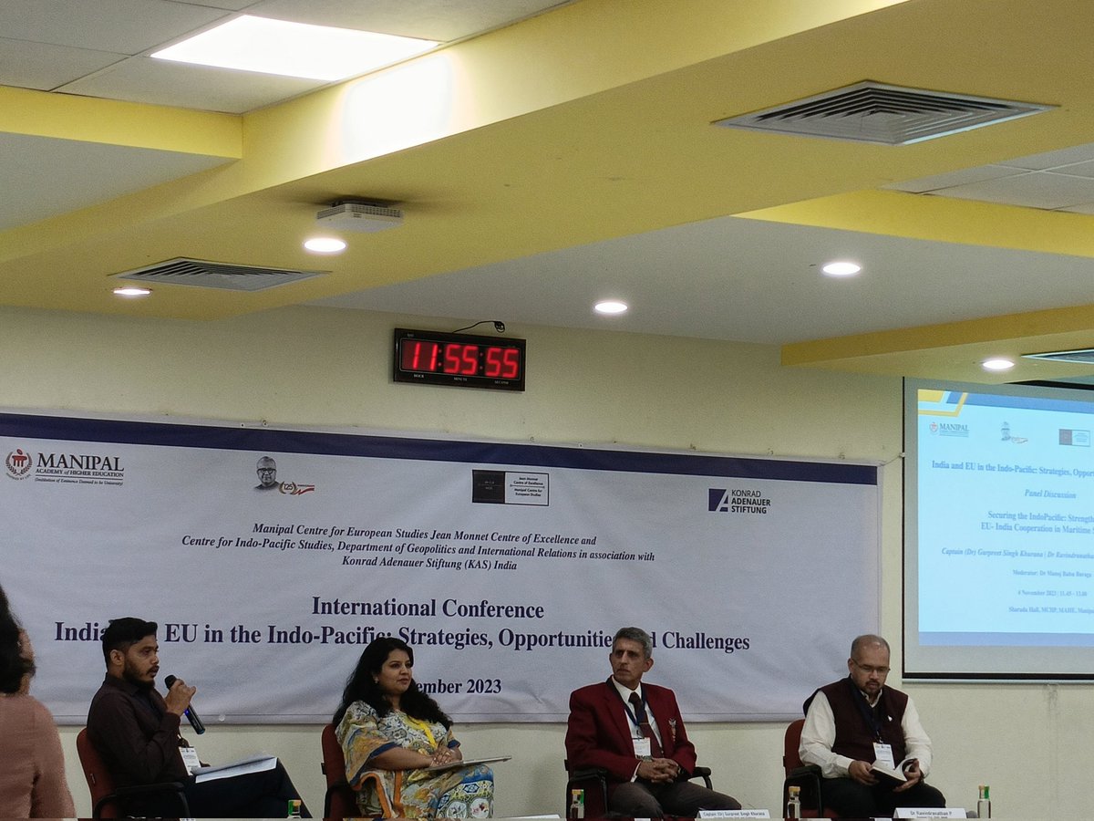 Session 5: EU-India Cooperation in Maritime Security.
The discussion aims at exploring the convergences and divergences between India and EU towards maritime security in the Indo-Pacific.

<a href="/mces_mahe/">Manipal Centre for European Studies</a> <a href="/MAHE_Manipal/">Manipal Academy of Higher Education</a>
<a href="/kas_india/">Konrad-Adenauer-Stiftung India</a>
#Maritimesecurity #geopolitics #EUIndopacific
