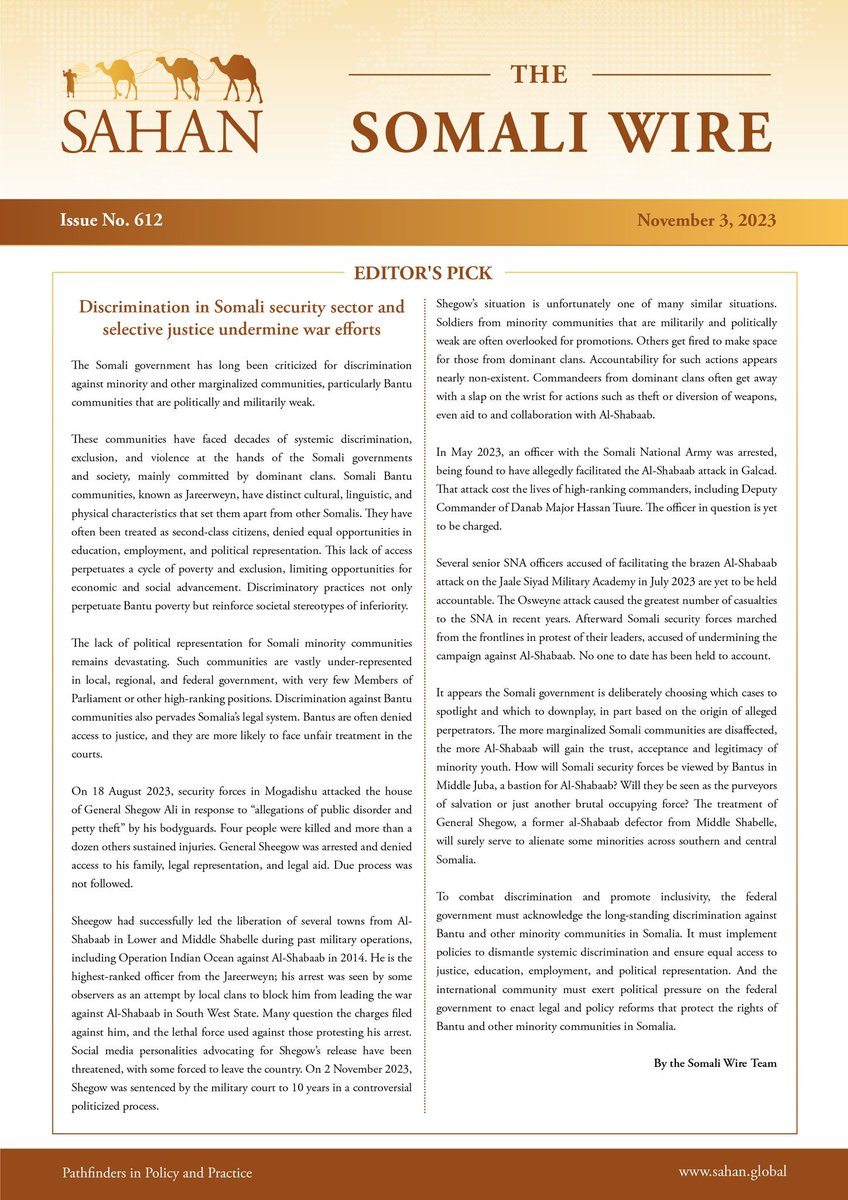 An excellent op-ed in The Somali Wire that provides some context on the conviction of the most senior Somali Bantu military officer (Gen Sheegow), the structural and systemic discrimination against Somali Bantus and how that impacts the wider struggle against Al-Shabaab.