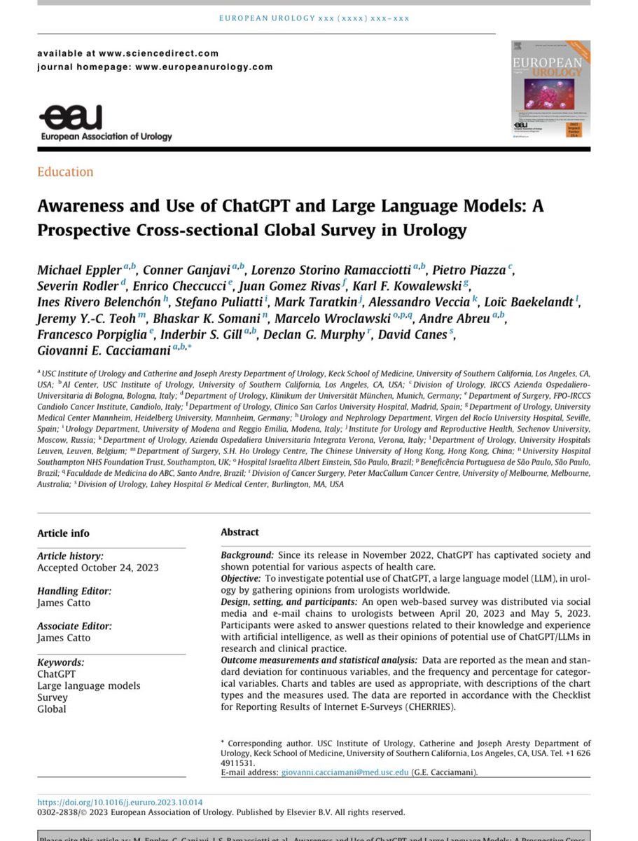Cacciamani_MD's tweet photo. First global survey among physicians on Awareness & Use of ChatGPT and LLMs.

📚47.7% use ChatGPT/LLMs academically
🏥19.8% in clinical practice
🚫62.2% see ethical concerns for academic writing
⚠️53% note limitations in its use
📝Call for guidelines & safety measures for tech use

https://t.co/U00lg07hlU

#ChatGPT #LLM #Urology #EthicalConcerns #AIinHealthcare
@EUplatinum @Uroweb @AmerUrological @Urology_AI @USC_Urology 

We have create a #OpenAccess protocol that can be validated in each medical specialty: https://t.co/zdfTM27Ymi

@MichaelEppler7
@ConnerGanjavi
@lorenzormc
@pietropiazza
@RodlerSeverin
@EnricoCheccucci
@JGomezRivas
@KFKowalewski
@inesrivbel
@PuliattiStefano
@marktaratkin
 @AleVeccia88
@LoicBaekelandt
@jteoh_hk
@endouro
@wroclawski_uro
@ALDCAbreu
@PorpigliaF
#Dr.Gill
@declangmurphy @CanesDavid