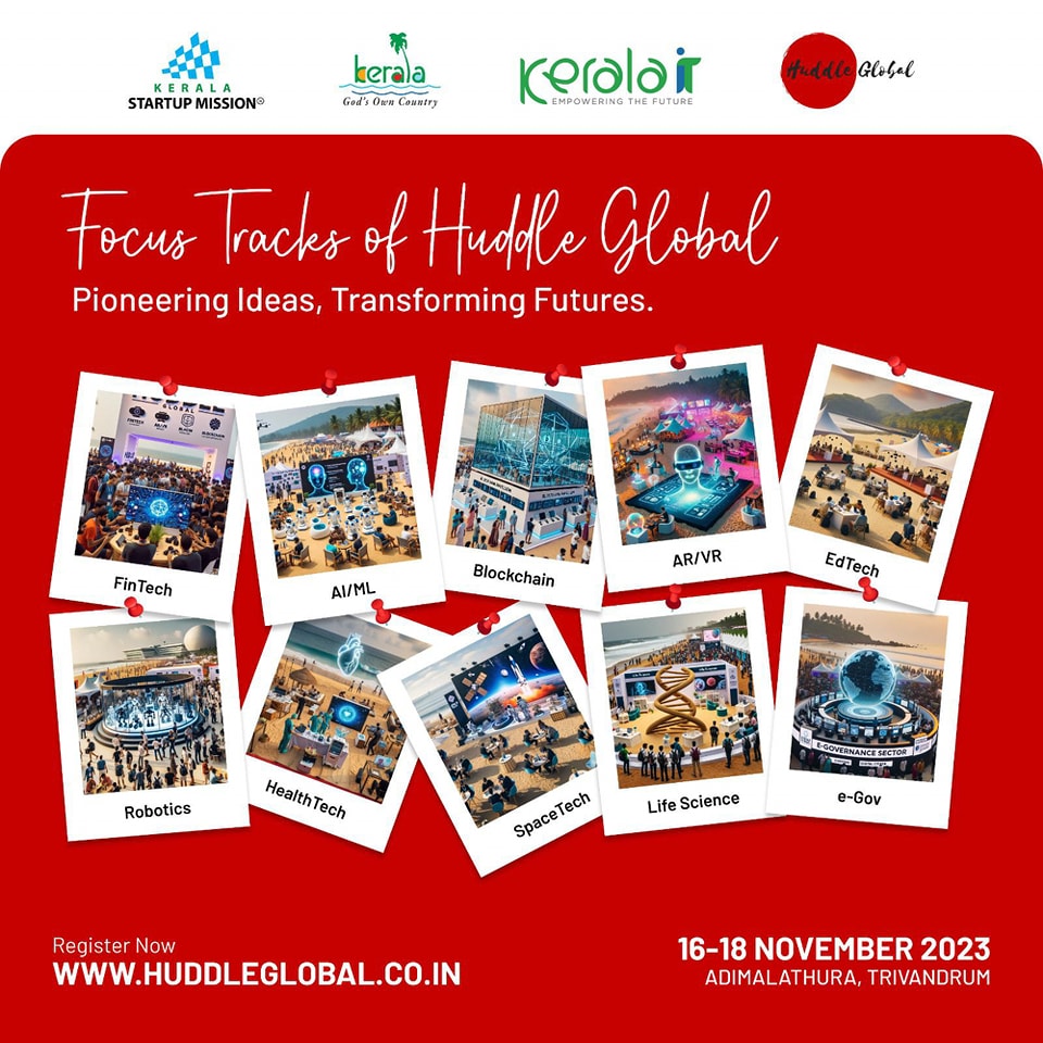 startup_mission's tweet photo. Here's a glimpse of the dynamic focus tracks awaiting you at Huddle Global 2023, created with AI. The real event promises even more excitement and offers an immersive experience in FinTech, AI/ML, Blockchain, AR/VR, Edtech, Robotics, Health Tech, Space Tech, Life Science, &amp; e-Gov https://t.co/w0JCpsLdoM