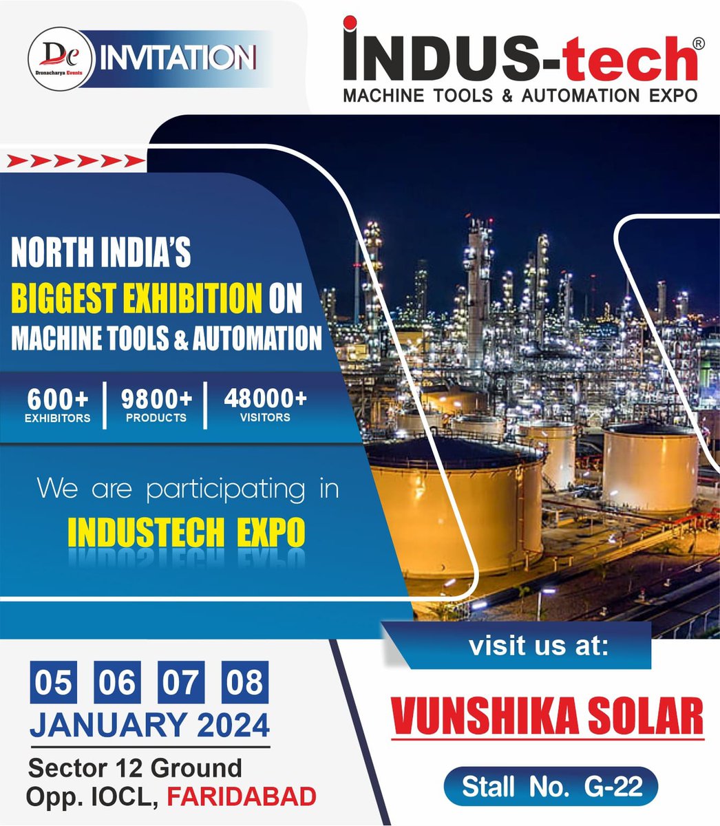 Great News! Vunshika Solar will be at the 26th North India Industrial Exhibition, Indus-Tech Expo, from January 5-8, 2024. Come explore their innovative solutions shaping the future of industry.
.
.
#TechShowcase #SolarInnovations #SolarPower #VunshikaAtIndusTech #industechexpo