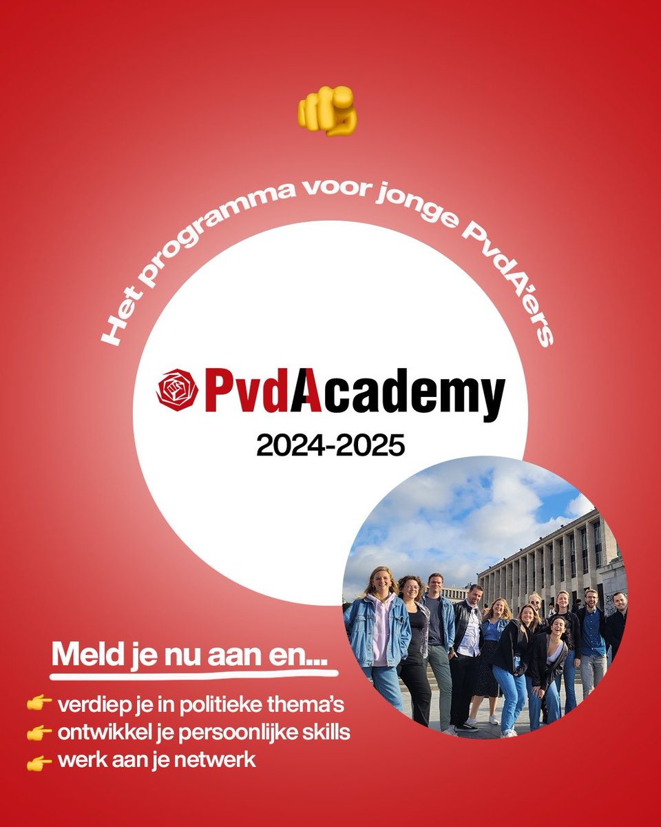 📣Jonge PvdA’ers gezocht📣
Heb jij interesse in politiek en wil je daar meer mee, maar weet je nog niet precies hoe? Dan is de PvdAcademy misschien wat voor jou! Samen met jonge PvdA’ers verdiep je je in sociale thema’s.Ga snel naar pvda.nl/partij/opleidi…