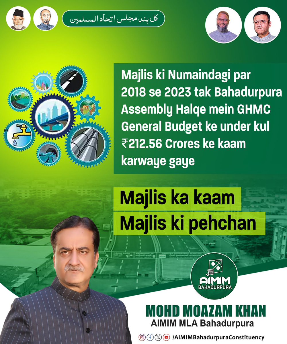 Majlis ki Numaindagi par 2018 se 2023 tak Bahadurpura Assembly Halqe mein GHMC General Budget ke under kul ₹212.56 Crores ke kaam karwaye gaye.  Majlis ka Kaam hi Majlis ki Pehchaan hai!

<a href="/asadowaisi/">Asaduddin Owaisi</a> <a href="/mohdmoazamkhan/">Mohd Moazam Khan</a> 
#ourworkisouridentity