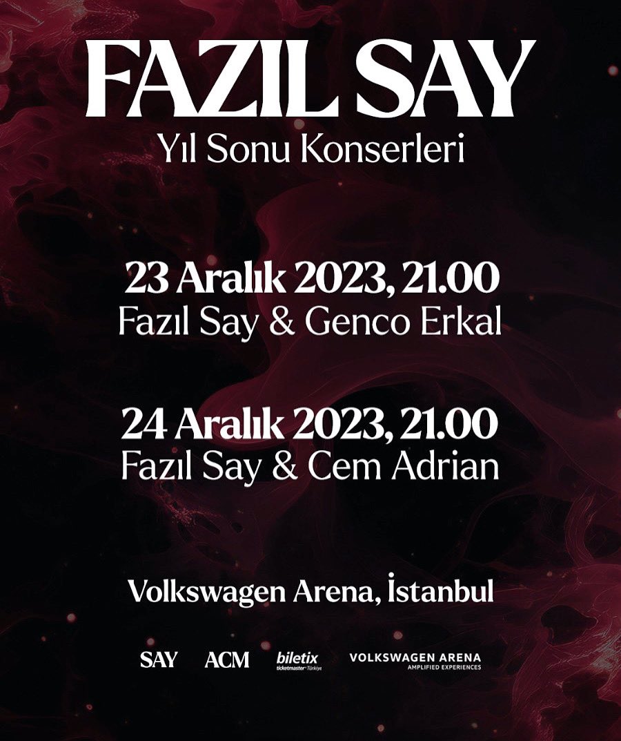 Güzel bir haftasonu dilerim hepinize. Konserlerde buluşmak üzere. Genco Erkal & Fazıl Say 23 Aralık Cem Adrian & Fazıl Say 24 Aralık Biletler Biletix’de @biletix @vwarena @cemadrian @gencoerkal @fazilsayofficial