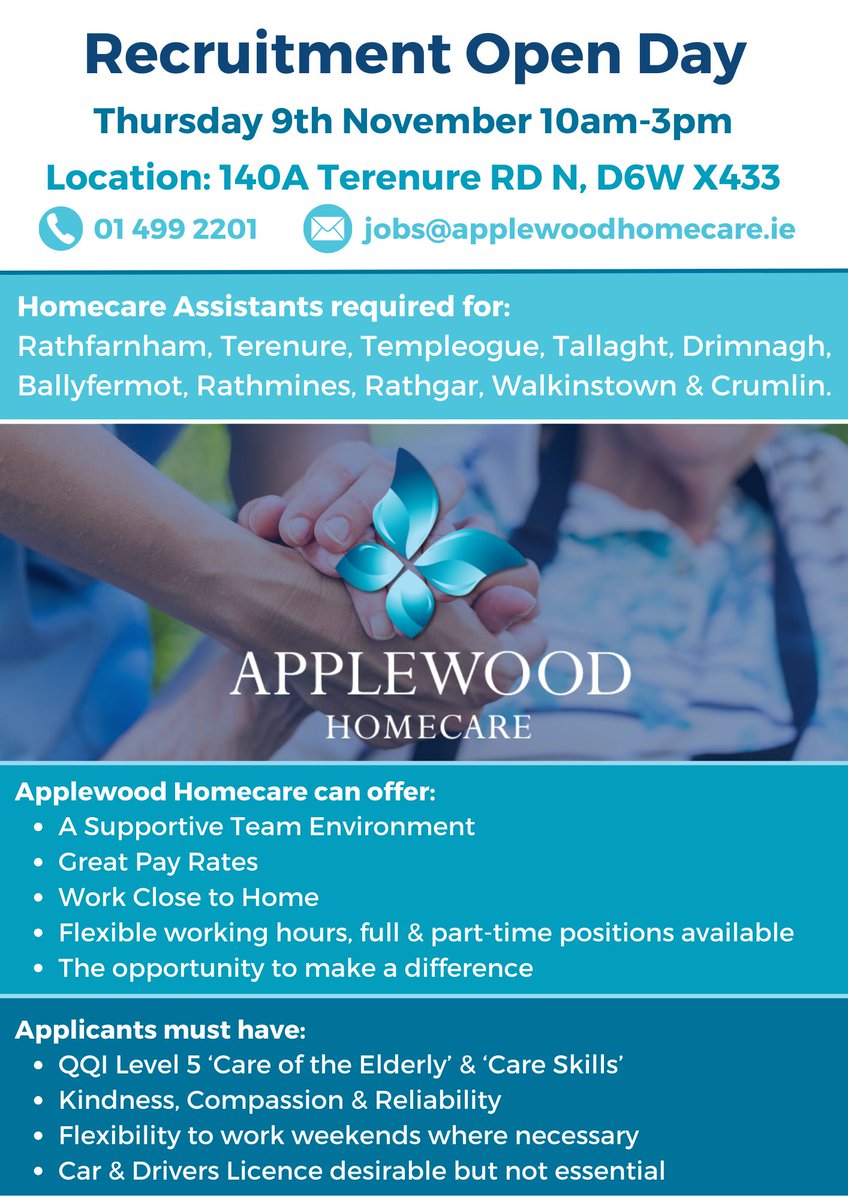 ❗RECRUITMENT OPEN DAY❗  
❗ HOMECARE ASSISTANTS❗ 
📍 LOCATION: Applewood Homecare 140A Terenure Rd North, D6W X433
🕙 WHEN: THURSDAY 9TH NOV 10AM - 3PM
<a href="/jobsireland/">JobsIreland.ie</a> <a href="/NurseJobie/">Nurse Jobs Ireland</a> <a href="/Work_in_Dublin/">Jobs in Dublin</a>
#openday #recruitmentday #jobseekers #dublinjobs #homecare #homecareagency #terenure