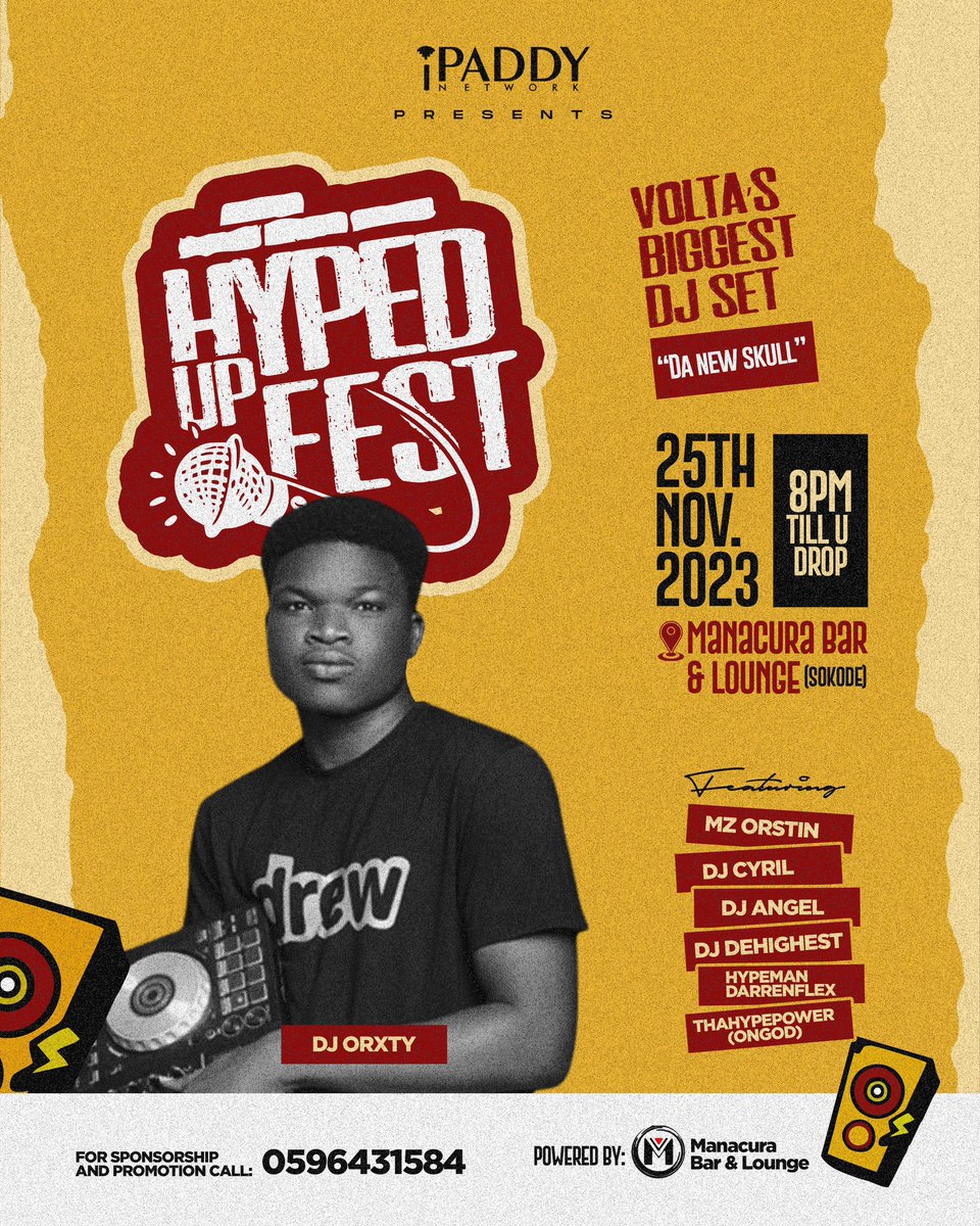 Showdown set for <a href="/RealDjCyril/">DJCYRILGH</a> <a href="/DjOrxty/">DJ ORXTY GH</a> and the hypegad @hypemandarren come 25th of November inside Manacura Bar &amp; Lounge (Sokode) 

#LetsGetHyped