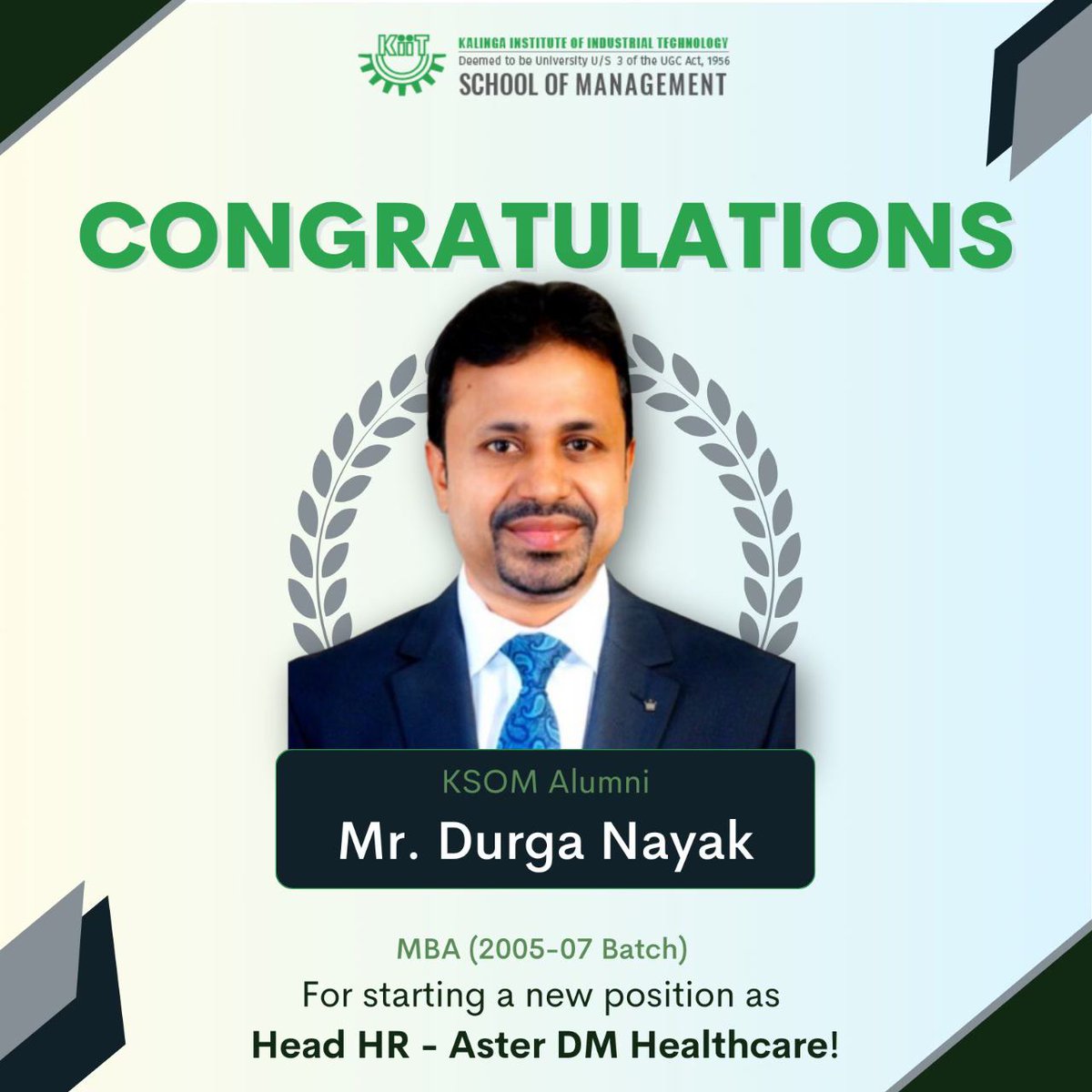ksombbsr's tweet photo. KSOM congratulates its alumni, Mr. Durga Nayak (Batch 2005β07), for starting a new position as Head HR - Aster DM Healthcare!
Many Congratulations to him!
#ksombbsr #MBA #AlumniAchievement #kiit #newpostion #mbalife #kiitian #healthcare #bhubaneswar #odisha https://t.co/V53kRCnWMR