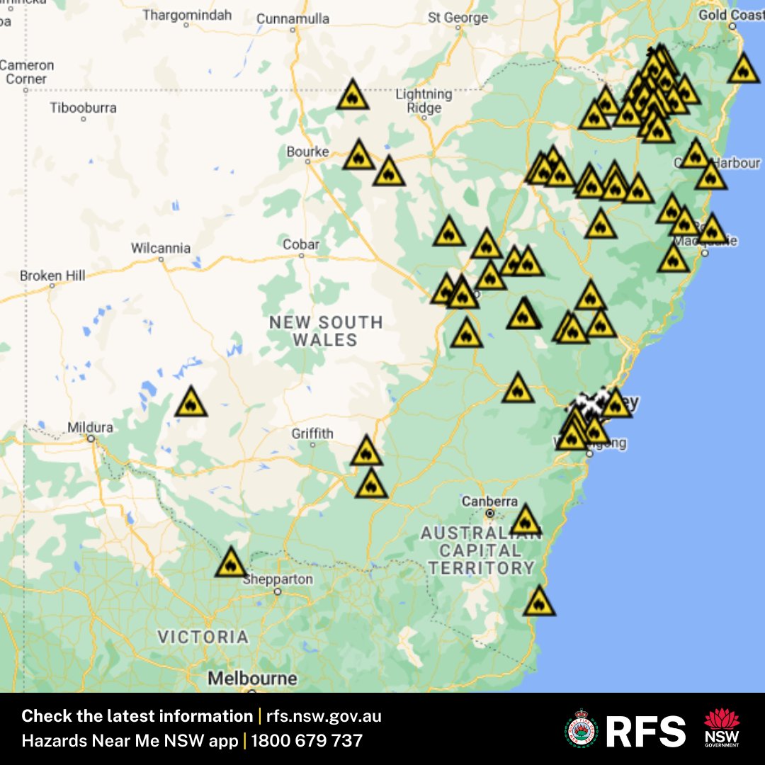 As at 6pm, there are 66 fires burning across NSW, with 22 not yet contained. All of the fires currently burning are at the 'Advice' level, with more than 500 firefighters and incident management specialists working to contain these fires. rfs.nsw.gov.au/fnm #RFS