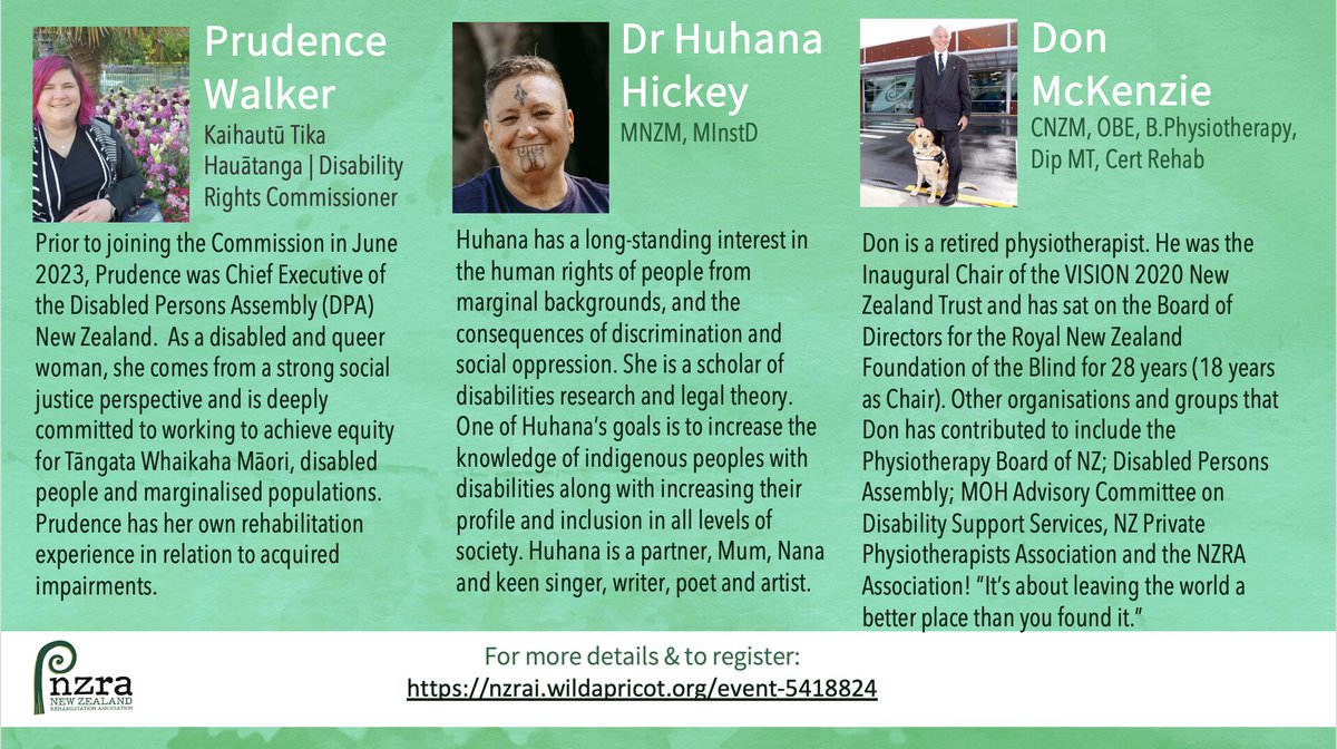 We would love you to join us as we listen, reflect, and are challenged by Prudence Walker [Disability Rights Commissioner], Dr Huhana Hickey, and Don McKenzie as they discuss 'WHAT IS GOOD REHABILITATION?
When: Thursday 16th November, 12-1pm
Register here: nzrai.wildapricot.org/event-5418824