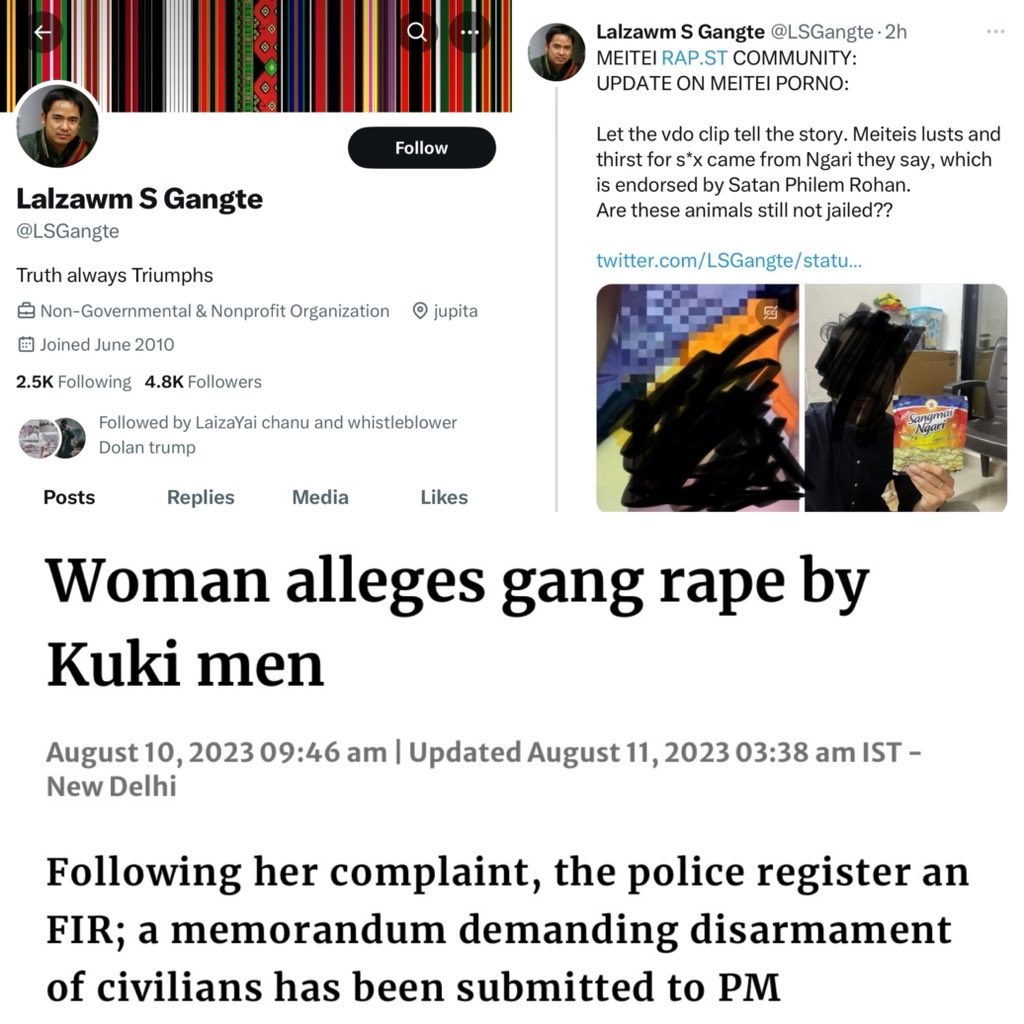 Sanaleipak_RT's tweet photo. We are asking for your swift action @Support @X @manipur_police against the one KukiCoolieZo @LSGangte. He is circulating on his account of sexually abuse content of a minor girl.

Profile Link: https://t.co/VpFx6x23H6

Content Link: https://t.co/6pcgVVk2Kl

#KukiZoAtrocities 
#KukiZoNarcoTerrorists