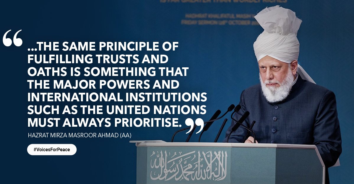 AhmadiyyaAUS's tweet photo. The World Head of the Ahmadiyya Muslim Community, the Fifth Khalifa (Caliph), His Holiness, Hazrat Mirza Masroor Ahmad continues to guide the world towards establishing peace through justice &amp; dialogue.

#VoicesForPeace
#CeasefireNOW
#WordsofPeace
#StopWWIII
#StopTheWar https://t.co/ozRJl2n4UM