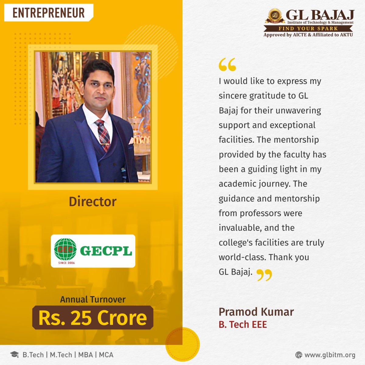 glbajaj's tweet photo. Meet Star Alumnus Pramod Kumar of #glbajaj (GLBITM). His incredible journey and right mentorship at alma mater led him to become the Co-Founder of Global Electrical & Controls Pvt. Ltd.
#glbitm #alumni #proud #gecpl #alumni #entrepreneur #mentorship #watertreatmentplant https://t.co/8Rrj8Eulya