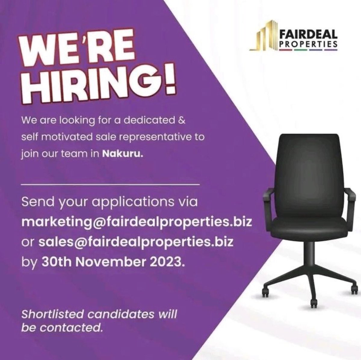 Job Vacancy: Sales Representative at Fairdeal Properties