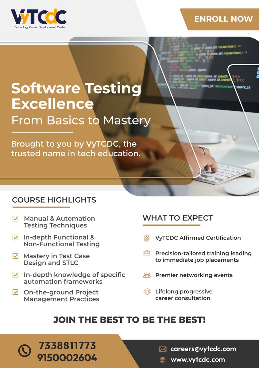 vytcdc's tweet image. 𝐒𝐨𝐟𝐭𝐰𝐚𝐫𝐞 𝐓𝐞𝐬𝐭𝐢𝐧𝐠 𝐄𝐱𝐜𝐞𝐥𝐥𝐞𝐧𝐜𝐞 𝐅𝐫𝐨𝐦 𝐁𝐚𝐬𝐢𝐜𝐬 𝐭𝐨 𝐌𝐚𝐬𝐭𝐞𝐫𝐲 Brought to you by 𝐕𝐲𝐓𝐂𝐃𝐂, the trusted name in tech education. #SoftwareTestingCourse #TestAutomation #STLC #TestingTechniques #ManualTesting #TestCases #automationtesting