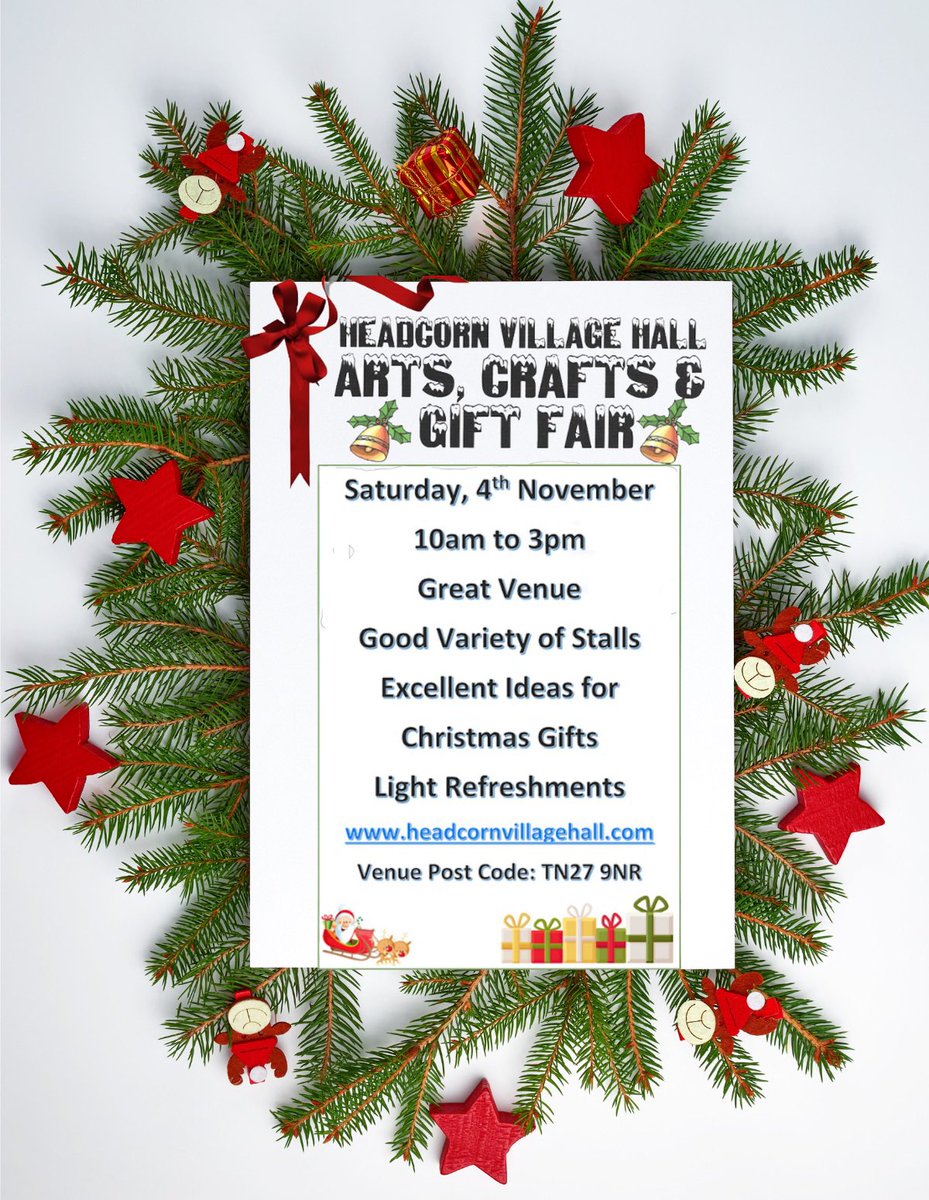On TODAY (Saturday 4th) at Headcorn Village Hall… Headcorn’s popular annual Arts, Crafts &amp; Gift Fair! 
Come along to the warm and dry and browse the wide variety of gifts. Refreshments available from Headcorn Scout Group.