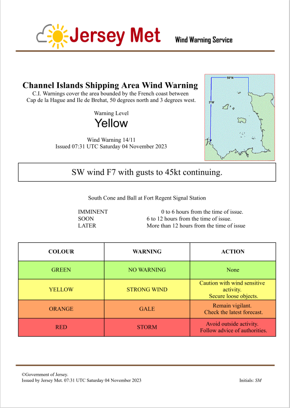Wind Warning 14/11 issued 07:31 UTC Saturday 04 November 2023