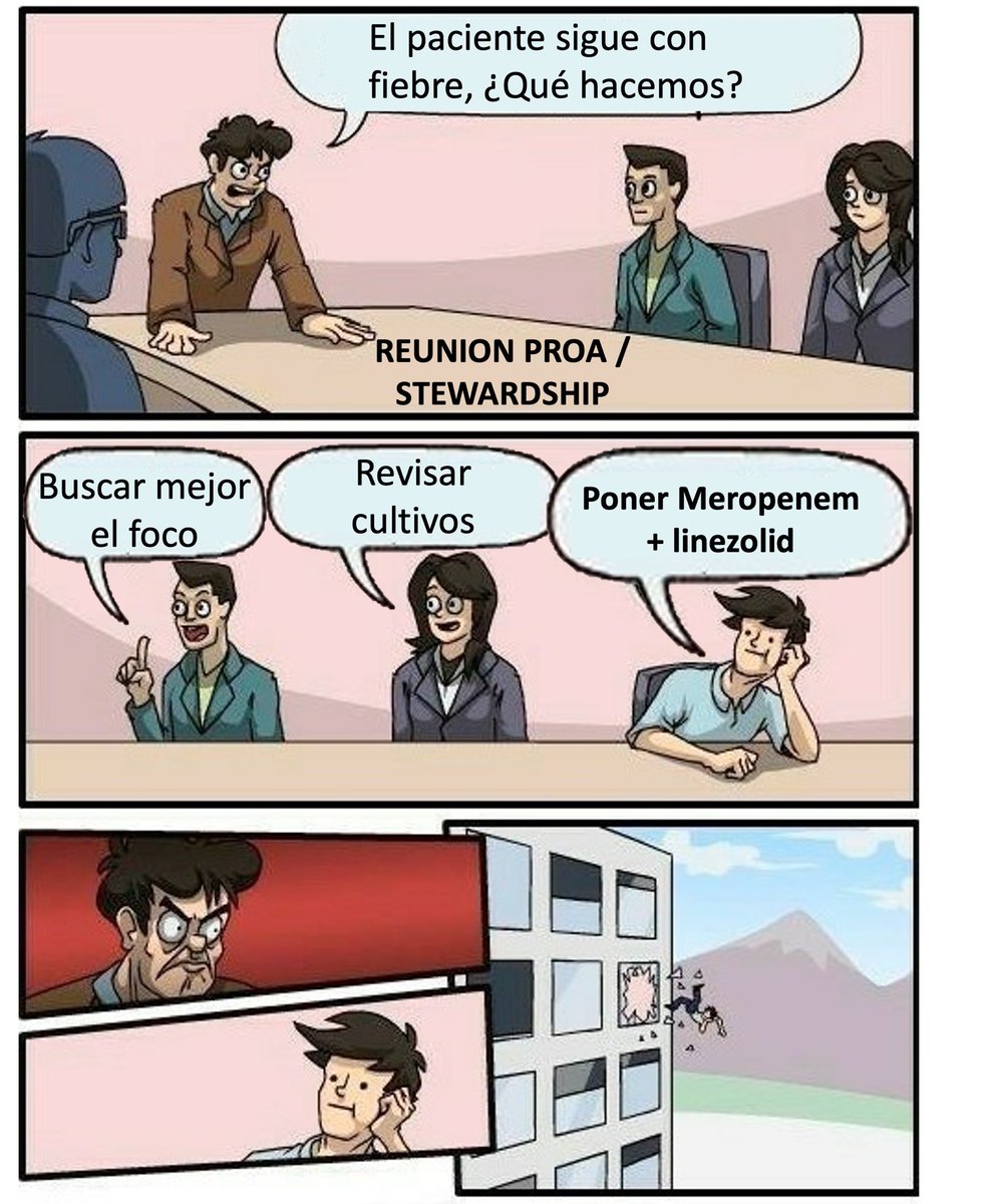 El cambio a MEROPENEM+LINEZOLID x persistencia fiebre🤒a pesar d antibiótico inicial NO es la #solucion➡️Busca foco🕵🏻 drénalo si preciso🔪revisa cultivos🧐,vigila vías,piensa causas no infecciosas❌🧫…la persistencia d fiebre NO necesariamente es x microorganismos resistentes🛡️