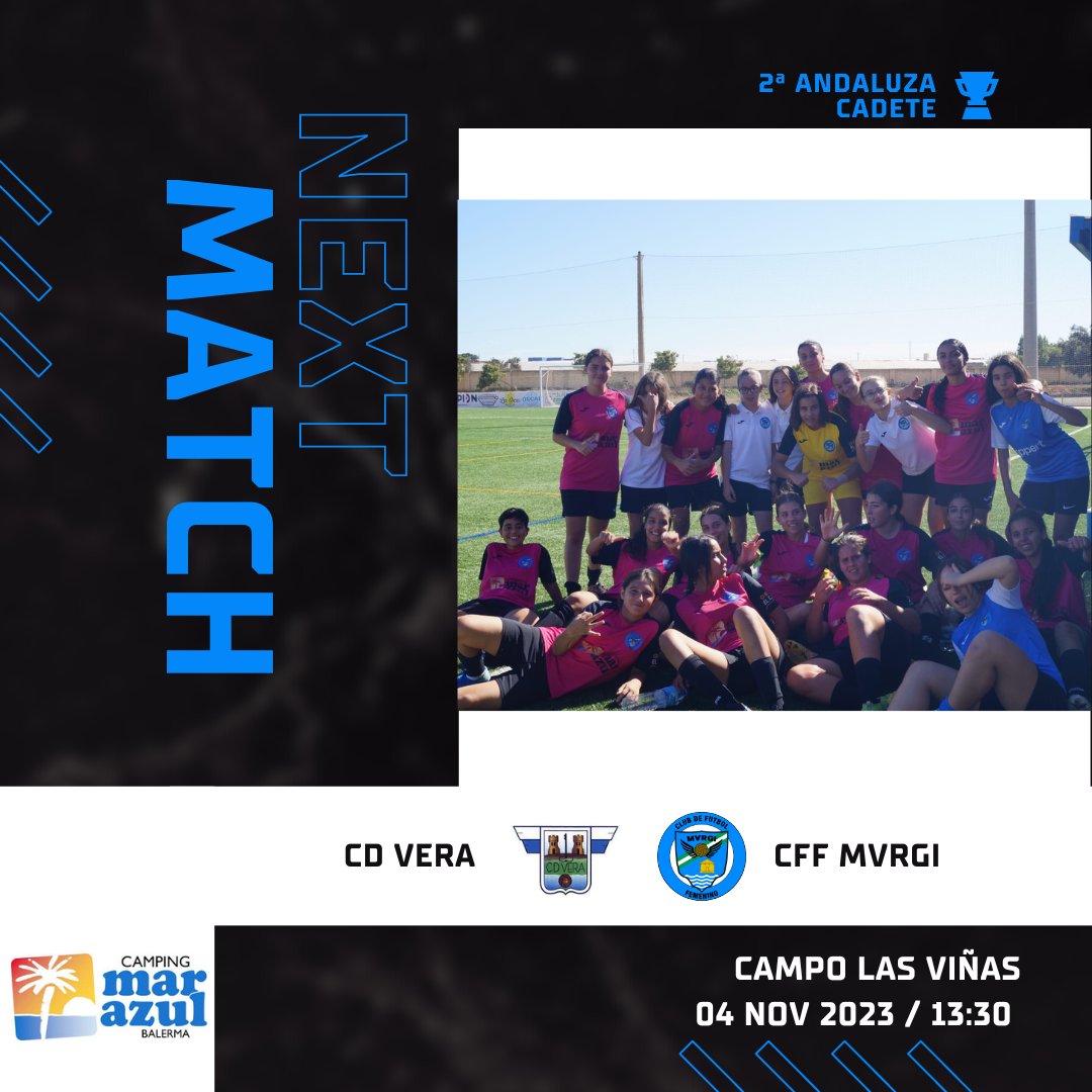 ⚽ Partido Camping Mar Azul

➡Nuestro cadete viajará hasta Vera para el último partido de la primera vuelta liguera.

#cffemeninomvrgi
#futbolfemenino
#futfem
#EllasTambienJuegan