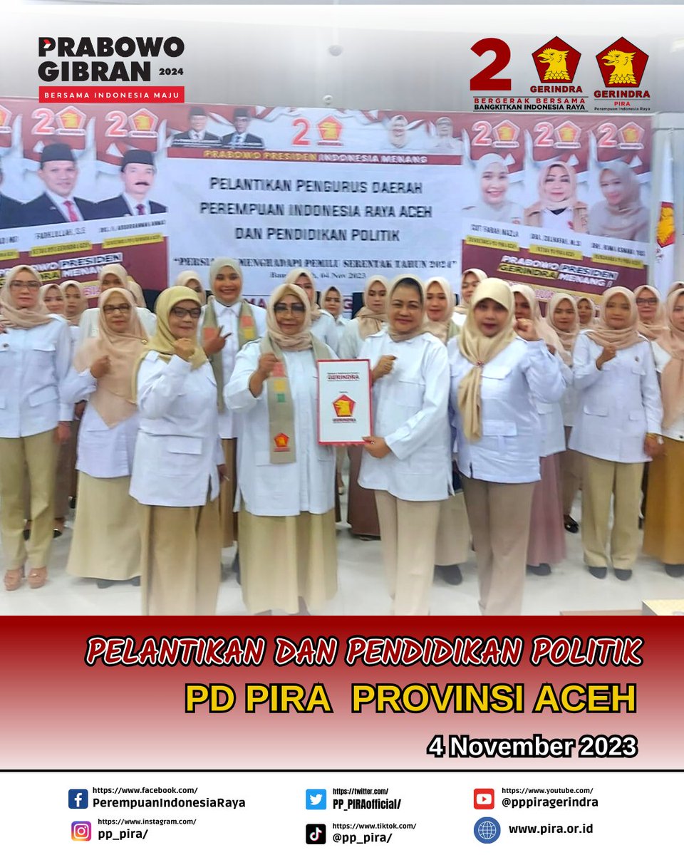 PP_PIRAofficial's tweet photo. Salam Indonesia Raya. Hai sobat PIRA. Acara pelantikan dan pendidikan politik PD PIRA Provinsi Aceh.
PIRA LUAR BIASA!!
#pira #piraluarbiasa #piragoesdigital #perempuan #piragerindra #gerindra #gerindramenang #2024prabowopresiden #hutpira #prabowogibran https://t.co/R4GekSsUo9
