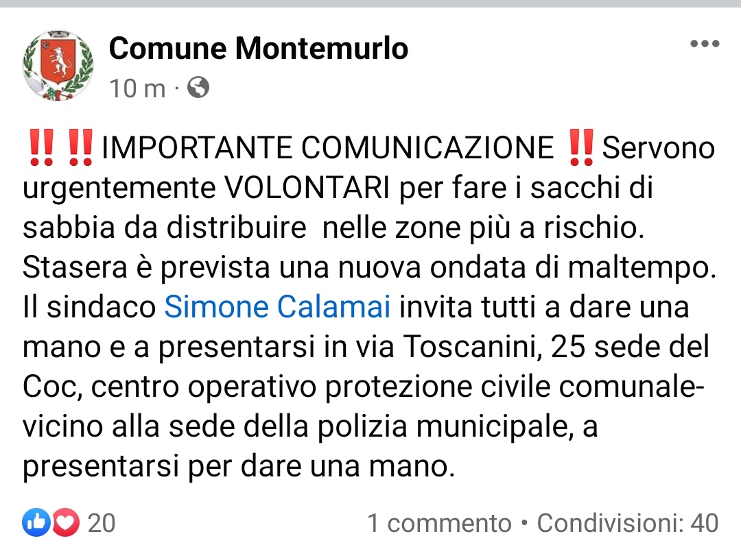 ‼️ SERVONO VOLONTARI IN ZONA MONTEMURLO ‼️

Rt, grazie! 

#Prato #Alluvione #Maltempo #Toscana