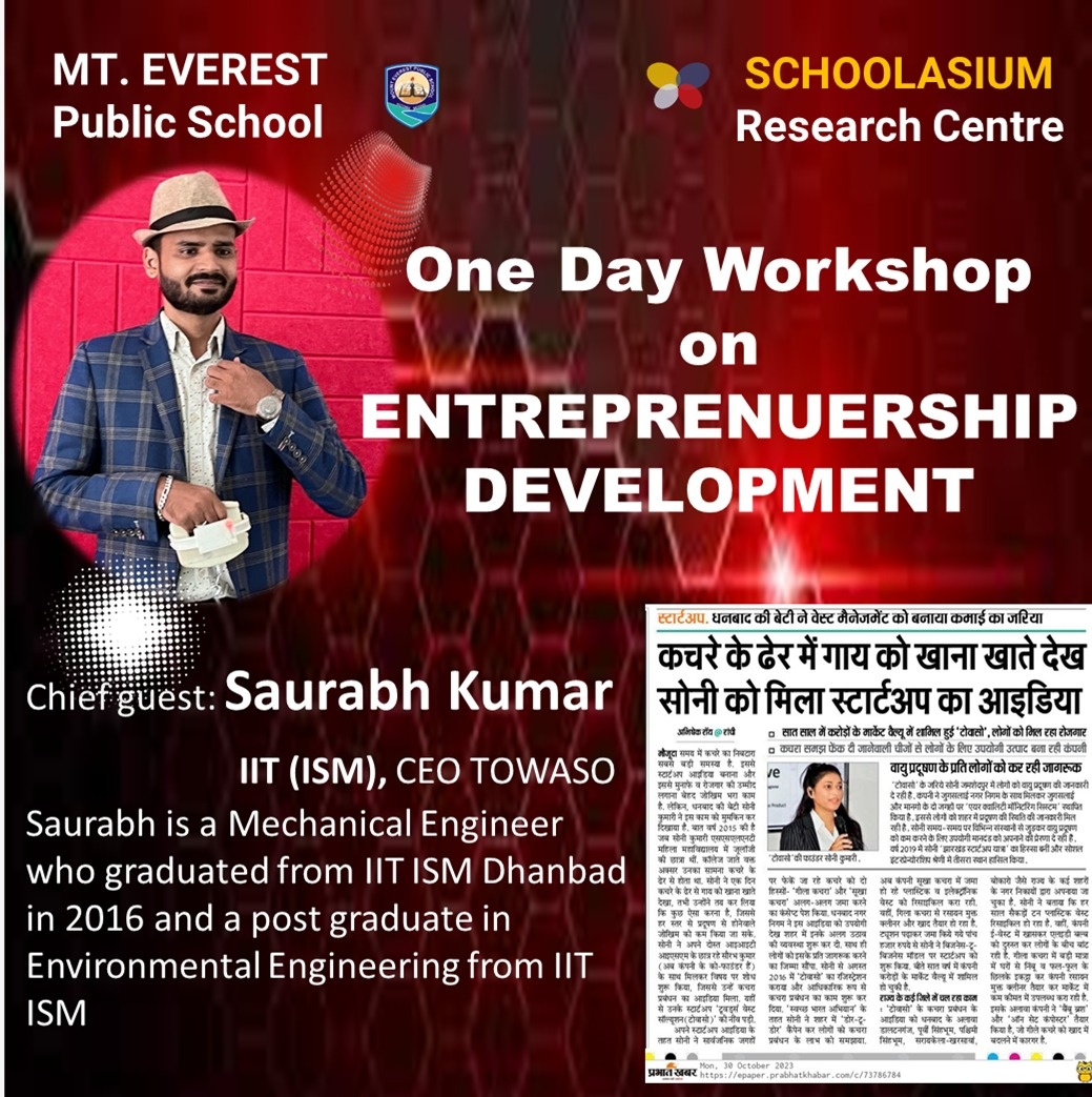 Schoolasium1's tweet photo. One-day workshop on
ENTREPRENEURSHIP DEVELOPMENT

Chief guest: Saurabh Kumar
IIT (ISM), CEO TOWASO 
Saurabh is a Mechanical Engineer who graduated from IIT ISM Dhanbad in 2016 and a postgraduate in Environmental Engineering from IIT ISM

@DC_Ramgarh
@PrdRamgarh
@JharkhandCMO https://t.co/ZkMdcGTnAo