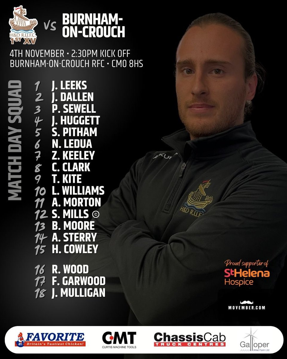 📢 Here’s your H&amp;D 1st XV squad, travelling to Burnham-on-Crouch for today’s Counties 2 Essex (North) fixture.  Whilst our 2nd XV host Halstead Templars, Clubhouse open from Midday.

 Burnham-on-Crouch 🆚 H&amp;D (AWAY)
⌚️ 2:30

H&amp;D II 🆚 Halstead Templars (HOME) 
⌚️ 2:30 pm KO