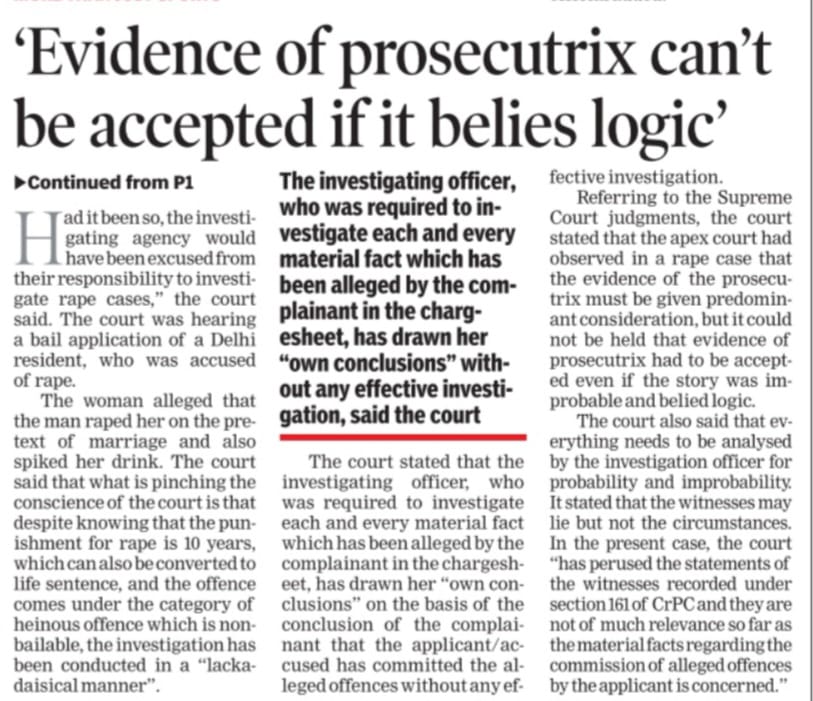 DeepikaBhardwaj's tweet photo. Delhi Court CLARIFIES that only testimony of complainant in rape cases to be relied for conviction is a rule of law for courts and NOT POLICE. They have to INVESTIGATE the case bringing into consideration all factors including circumstantial evidence. HOPE POLICE FOLLOWS!! https://t.co/Uo5uMyORiw