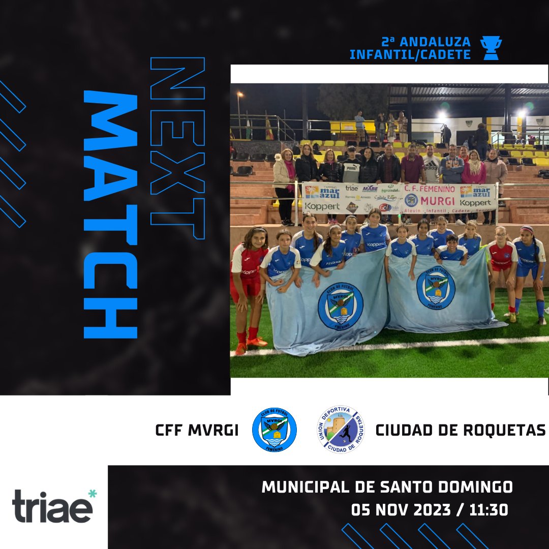⚽ Partido Triae
➡Nueva jornada liguera en la que nuestro Infantil/Cadete recibirá al Ciudad de Roquetas.

Nuestro equipo luchará por una nueva victoria que nos sitúe en la cabeza de la clasificación.

#cffemeninomvrgi
#futbolfemenino
#futfem
#EllasTambienJuegan