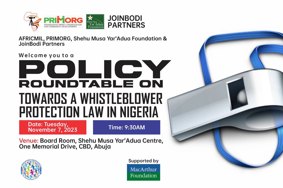 Africmil is inviting you to a policy roundtable on Tuesday, Nov 23, to discuss the whistleblower protection law in Nigeria. Join us via zoom: us06web.zoom.us/j/84513472239?…
Meeting ID: 845 1347 2239
Passcode: 341083