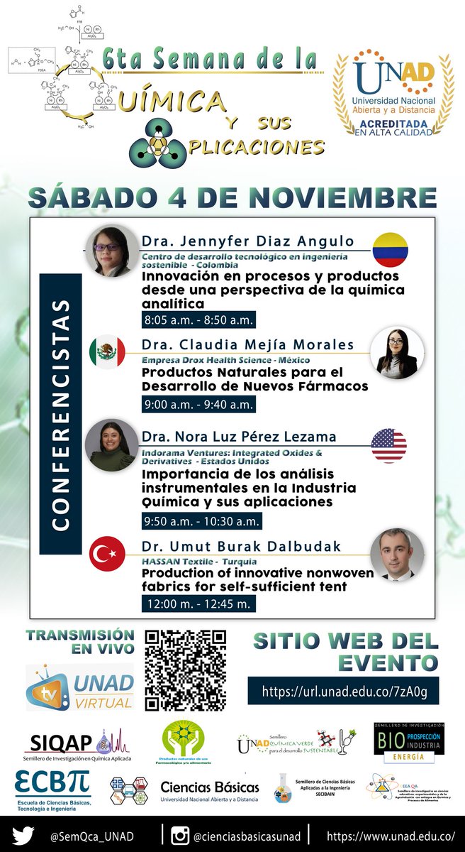 Continuamos con la 6ta <a href="/SemQca_UNAD/">8va Semana de la Química 2025 - UNAD</a> Conéctate url.unad.edu.co/nC0mT con <a href="/TvUnadVirtual/">TvUnadVirtual</a>
<a href="/UNADinvestiga/">Investigacion UNAD</a> <a href="/UNADSIGI/">Sistema de Gestión de la Investigación UNAD</a> <a href="/RedDocentesUNAD/">Red Docentes UNAD</a> #Evento #química