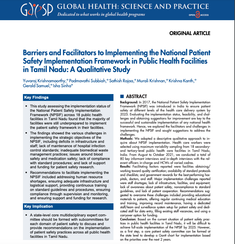 The study findings in this article identified numerous implementation challenges that will make it difficult to fully implement the National Patient Safety Implementation Framework in public health facilities in Tamil Nadu by 2025. tinyurl.com/4tk2kmyw