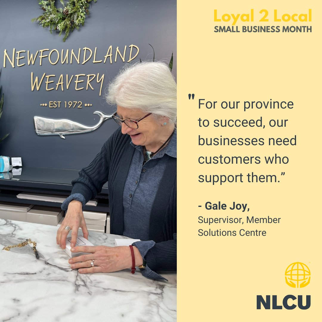 NLCU's tweet image. Our Supervisor, Member Solutions Centre, Gale Joy, chose to buy from The Newfoundland Weavery to spend her #Loyal2Local funds. #NewfoundlandWeavery is a locally owned #business that sells products made by several well-known local artists and authors in #NewfoundlandandLabrador.