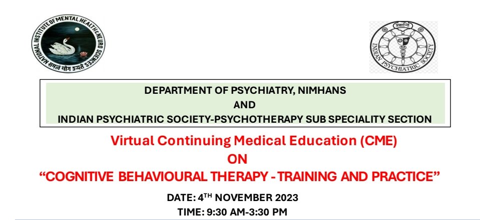 CerebralWizard's tweet image. Grateful to have been part of the organizing committee for the Virtual CME on &quot;#Cognitive #Behavioural #Therapy - Training and Practice&quot; on Nov 4, 2023, with over 300 participants! A remarkable event advancing CBT in mental health. Kudos to all involved! 🧠🤝🌱 #CBT #MentalHealth
