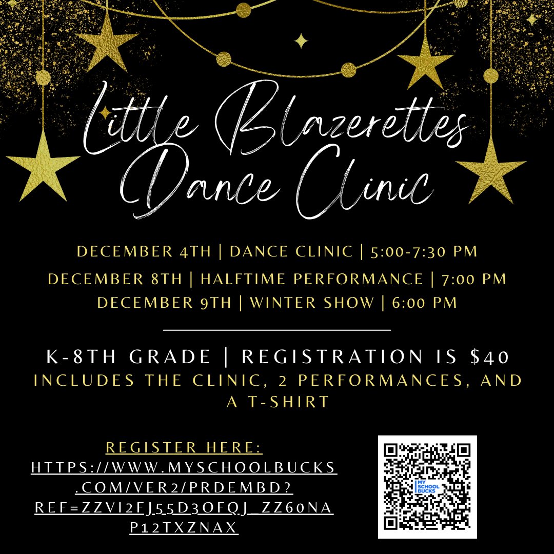 If you have a K-8 Gardner student that likes to dance, or wants to try it out, sign up for our Little Blazerettes Dance Clinic! See the info below! Click here to register: myschoolbucks.com/ver2/prdembd?r…