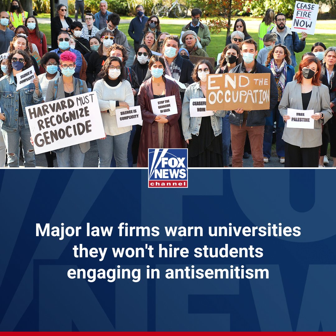 FoxNews's tweet image. ‘WE HAVE BEEN ALARMED’: Dozens of Wall Street law firms are taking a stand against antisemitism on college campuses with a warning about students’ future employment. trib.al/m9gTwd0